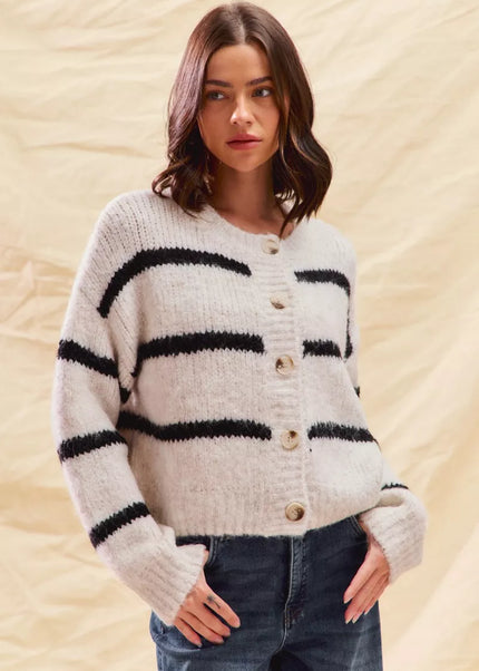 SO ME Stripe Soft Touch Button Cozy Sweater Cardigan - Sleekdenim.com