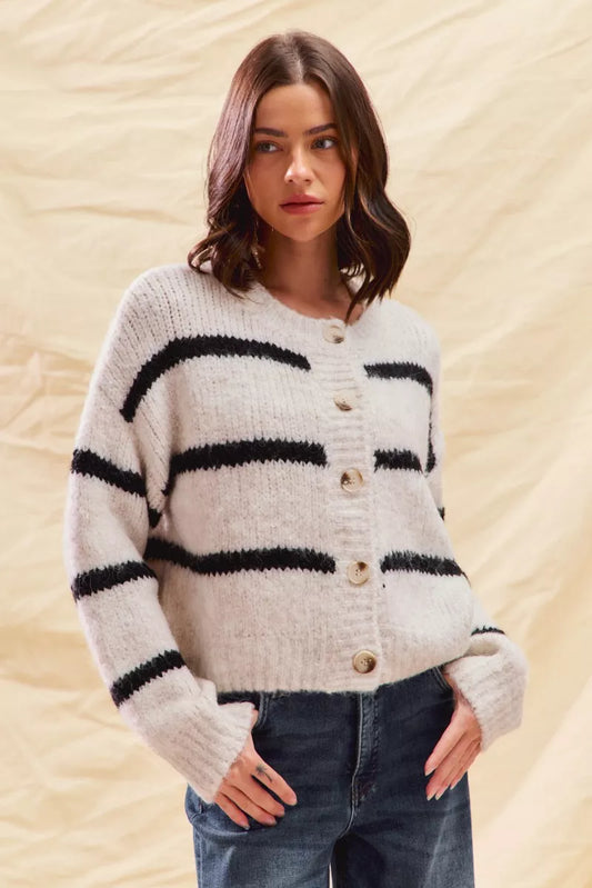 SO ME Stripe Soft Touch Button Cozy Sweater Cardigan - Sleekdenim.com