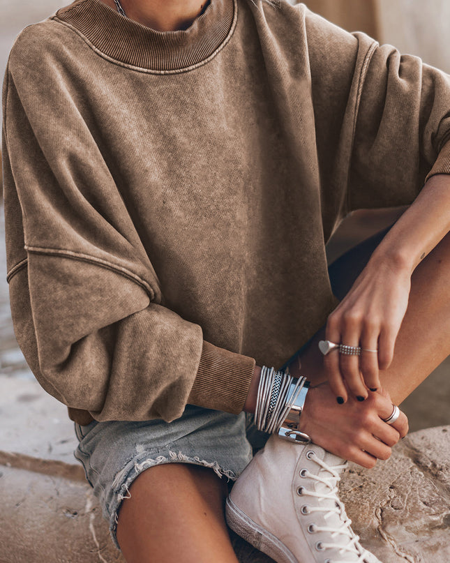 Brown Plain Drop Shoulder Crew Neck Pullover Sweatshirt