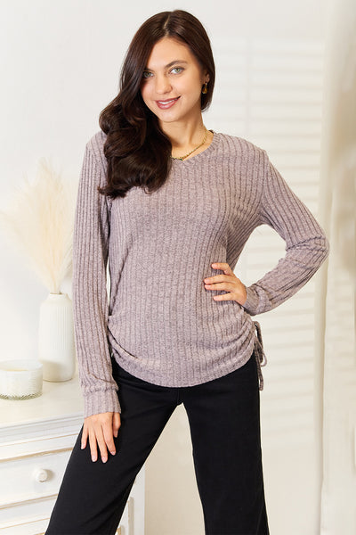 Double Take Drawstring Ribbed Long Sleeve T-Shirt 