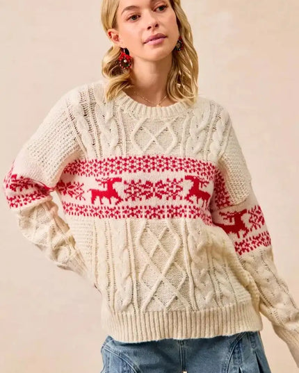 BiBi Christmas Theme Patterned Cable Knit Sweater - Sleekdenim.com