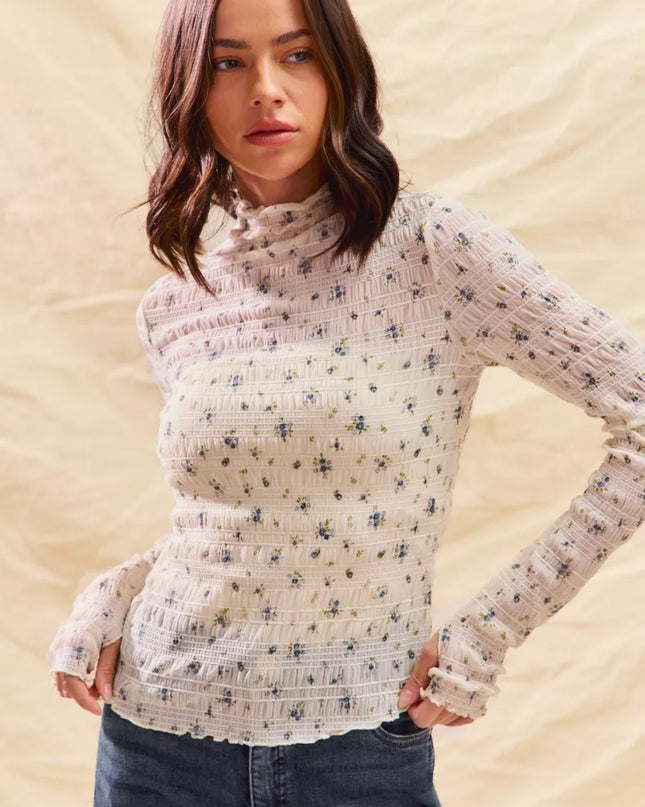 SO ME Floral Print Textured Long Sleeve Knit Top - Sleekdenim.com