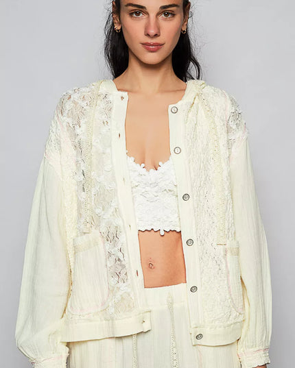 POL Exposed Seam Button Down Hooded Jacket with Lace Detail - Sleekdenim.com