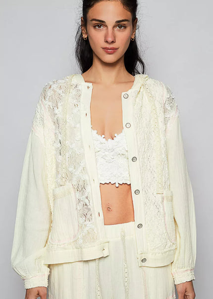 POL Exposed Seam Button Down Hooded Jacket with Lace Detail - Sleekdenim.com