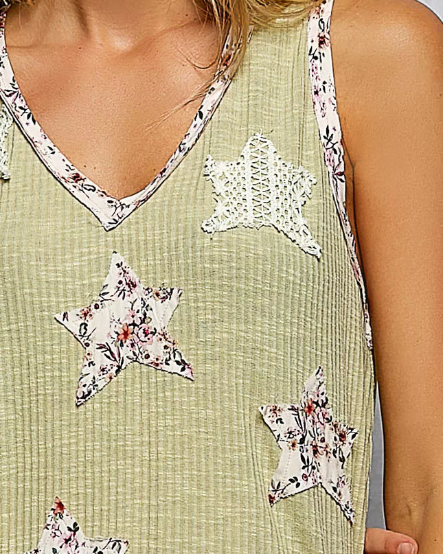 POL Floral Print Star Patch V-Neck Ribbed Tank - Sleekdenim.com