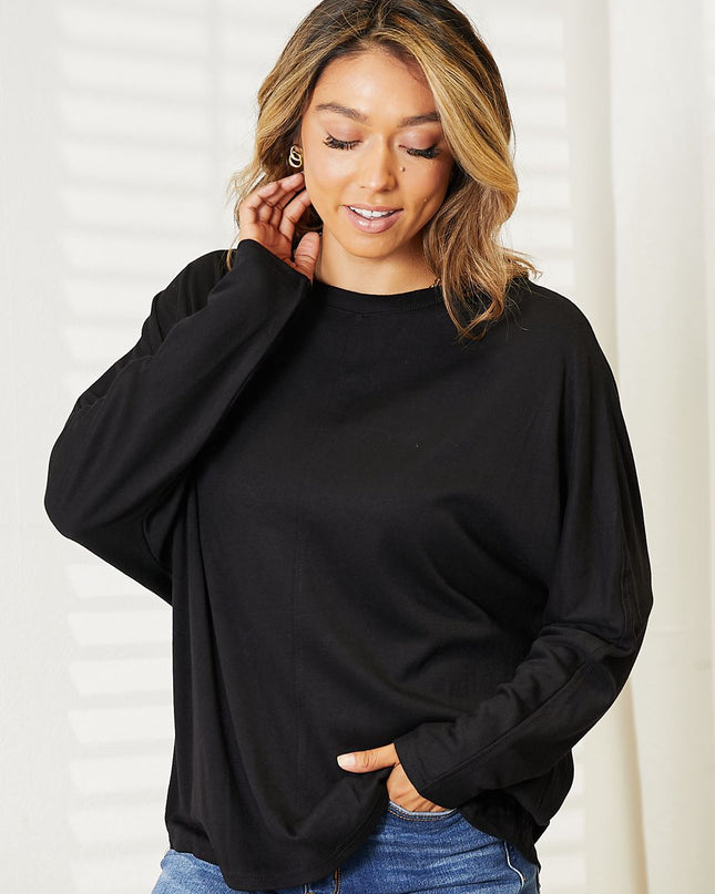 Double Take Seam Detail Round Neck Long Sleeve Top - Sleekdenim.com