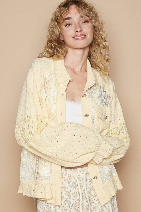 POL Eyelet Flower Pearl Detail Lace Patchwork Shirt | Sleekdenim.com