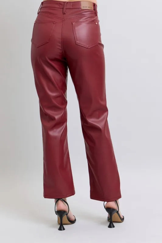 Judy Blue Full Size High Waist Tummy Control Faux Leather Straight Pants Plus Size - Sleekdenim.com