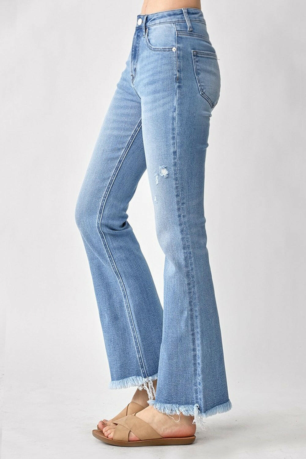 RISEN High Rise Frayed Hem Bootcut Jeans.