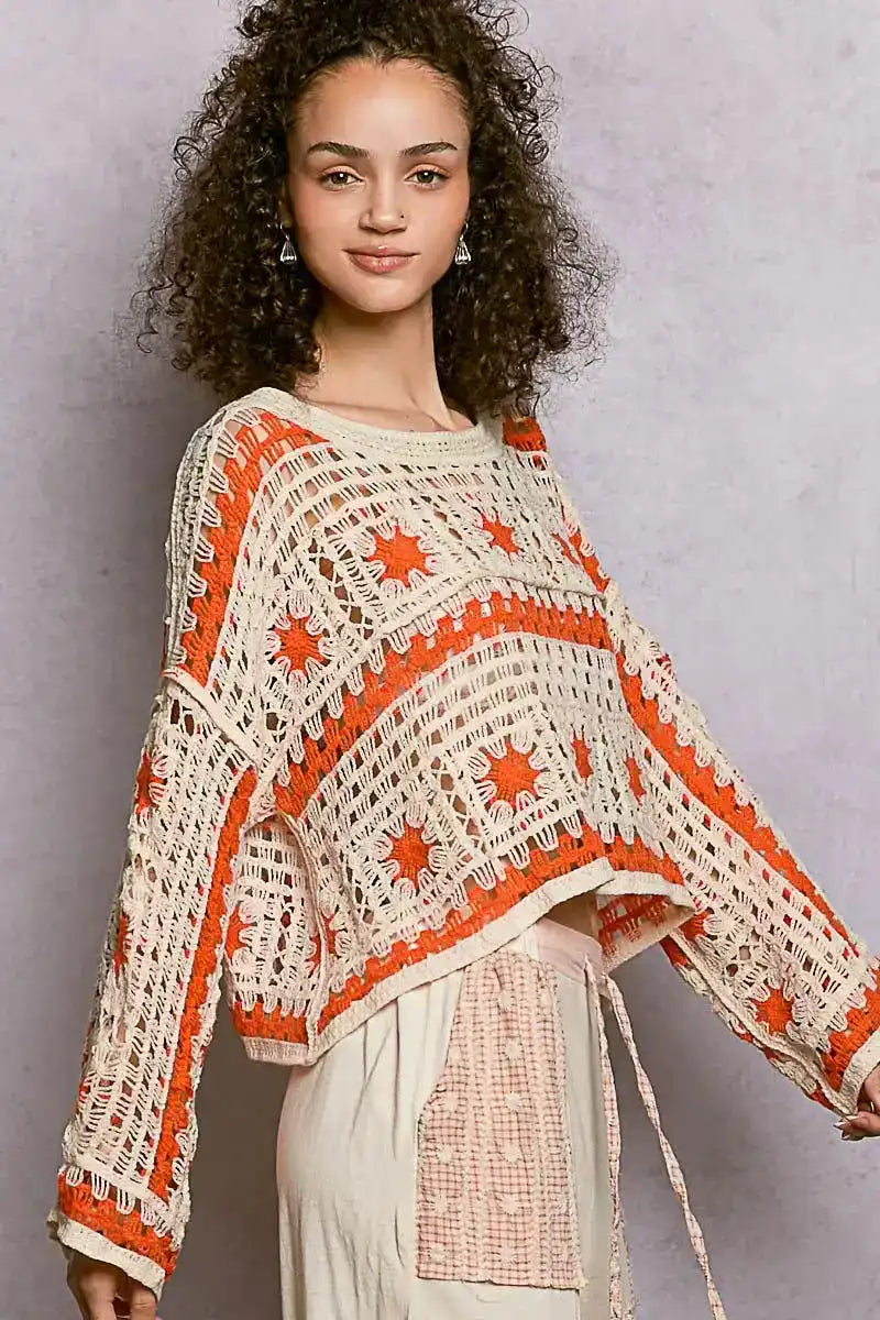 POL Boat Neck Long Sleeve Crochet Top with Granny Square Weaving - Sleekdenim.com