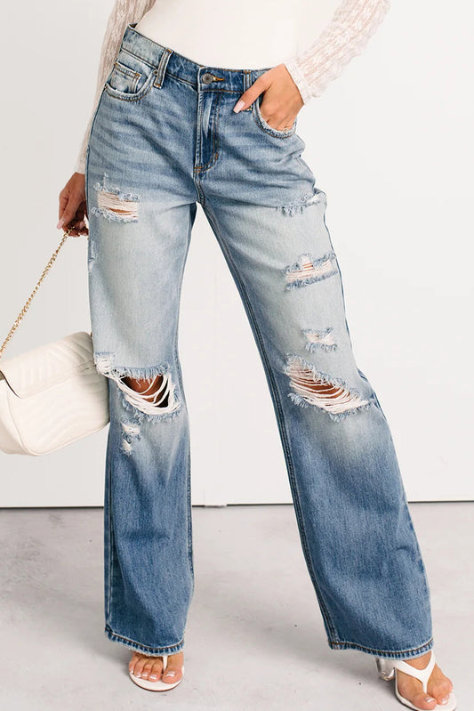 Myosotis Mid Rise Distressed Straight Leg Jeans - Sleekdenim.com
