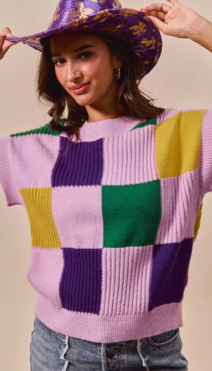 SO ME Mardi Gras Check Plaid Casual Sweater Top - 9