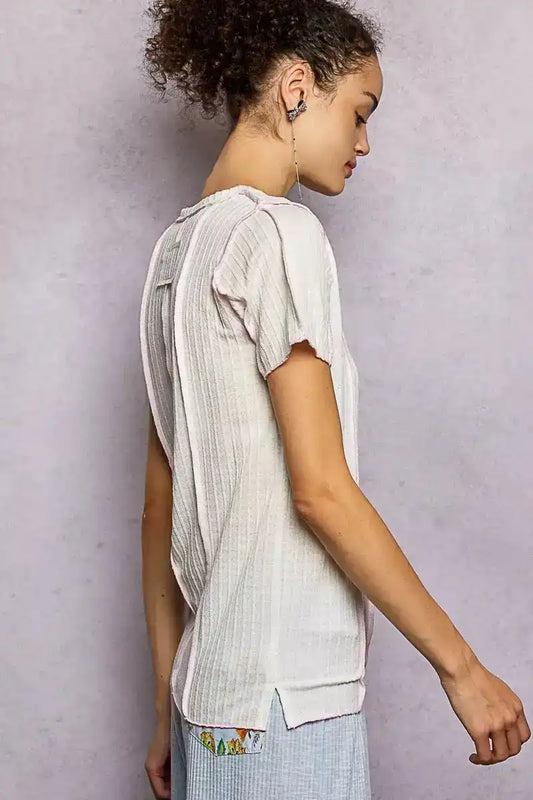 POL V-Neck Short Sleeve Top with Stitch Seam Detail - Sleekdenim.com