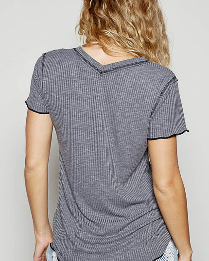 POL V-Neck Short Sleeve Ribbed T-Shirt with Contrast Overlock Stitching - Sleekdenim.com