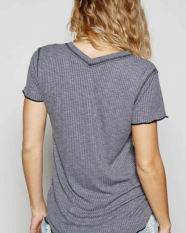 POL V-Neck Short Sleeve Ribbed T-Shirt with Contrast Overlock Stitching - Sleekdenim.com