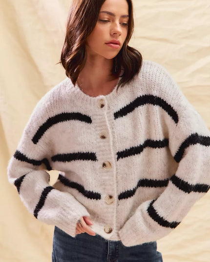 SO ME Stripe Soft Touch Button Cozy Sweater Cardigan - Sleekdenim.com