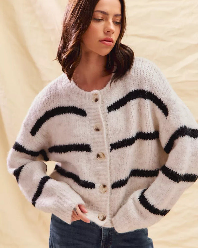 SO ME Stripe Soft Touch Button Cozy Sweater Cardigan - Sleekdenim.com