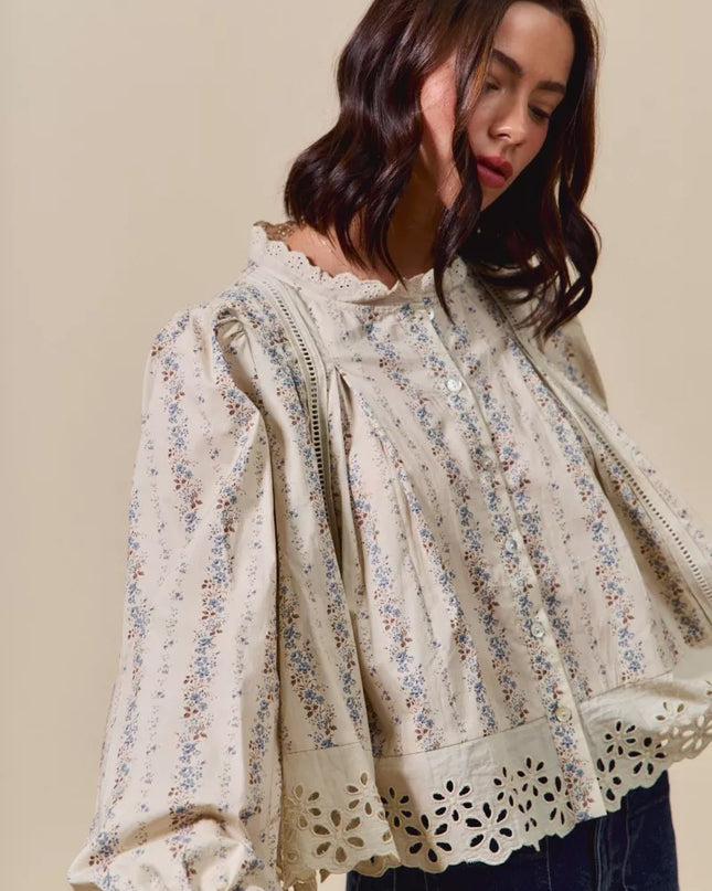 SO ME Floral Print Lace Button Down Shirt - Sleekdenim.com