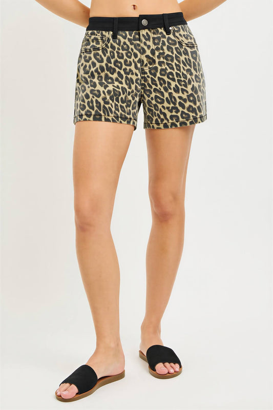 RISEN High Rise Leopard Shorts with Contrast Waistband - Sleekdenim.com