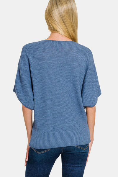 Zenana V-Neck Short Sleeve Dolman Sweater Dusty Blue