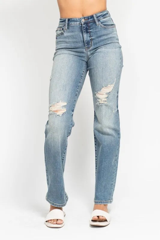 Judy Blue Full Size High Waist Distressed Dad Jean Plus Size - Sleekdenim.com