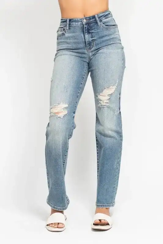 Judy Blue Do Anything Dad Straight Jeans (Reg. and Plus) 82641 - Sleekdenim.com
