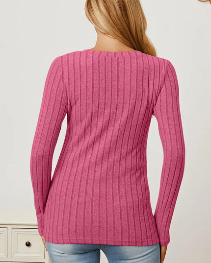 Basic Bae Full Size Ribbed V-Neck Long Sleeve T-Shirt - Sleekdenim.com