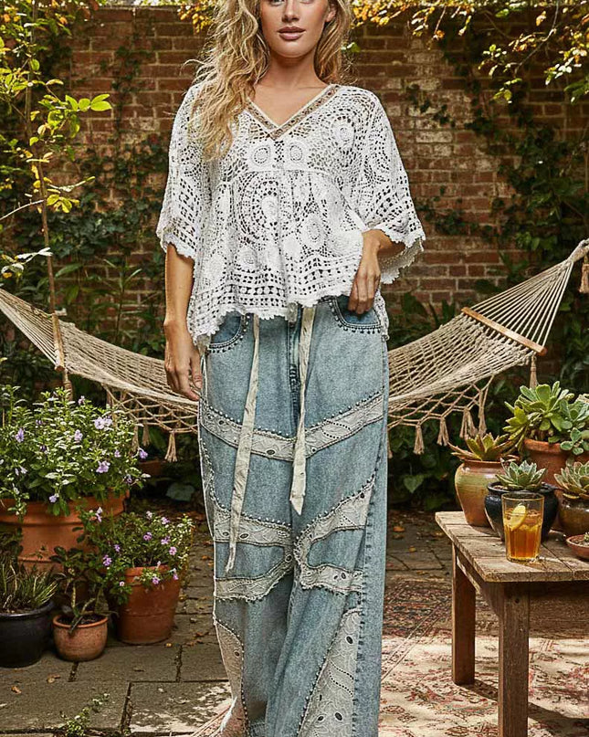 POL V-Neck Crochet Top with Scalloped Hem - Sleekdenim.com