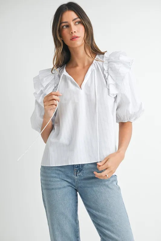 MABLE Stripe Ruffle Shoulder Puff Sleeve Blouse - Sleekdenim.com