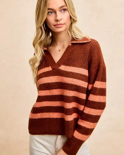 BiBi Striped Sweater Top with Collar Stitched Details - Sleekdenim.com