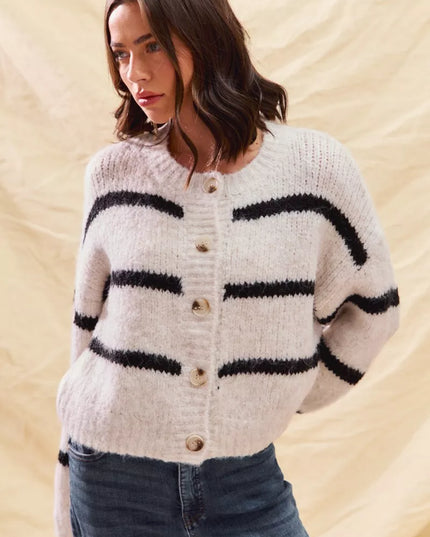 SO ME Stripe Soft Touch Button Cozy Sweater Cardigan - Sleekdenim.com