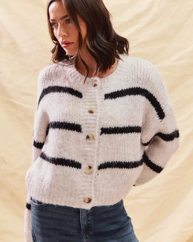 SO ME Stripe Soft Touch Button Cozy Sweater Cardigan - Sleekdenim.com