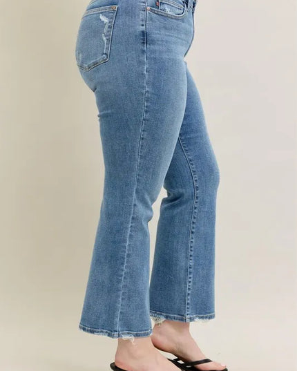 Judy Blue Full Size Mid Rise Wash Destroy Hem Bootcut Jeans Plus Size - Sleekdenim.com