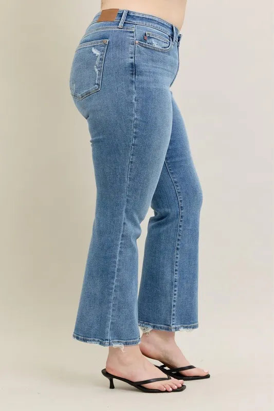 Judy Blue Full Size Mid Rise Wash Destroy Hem Bootcut Jeans Plus Size - Sleekdenim.com