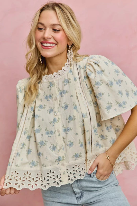 SO ME Floral Print Lace Trim Flutter Sleeves Blouse - Sleekdenim.com