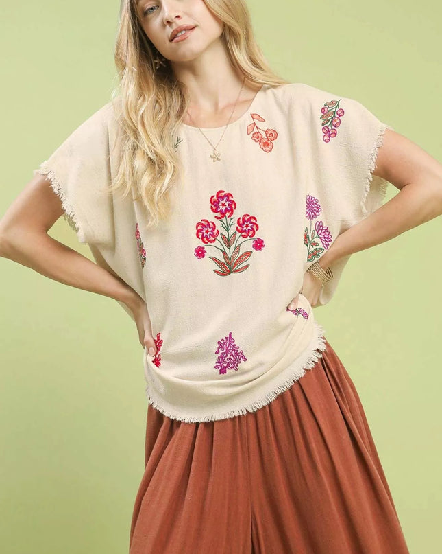 Umgee Linen Blend Embroidered Frayed Hem Top - Sleekdenim.com
