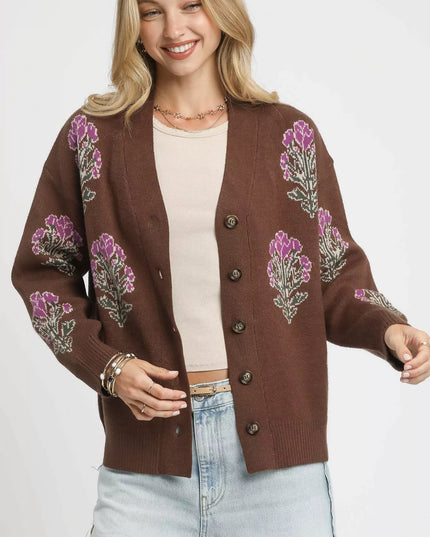 Umgee Single Flower Stem Jacquard Cardigan Sweater - Sleekdenim.com