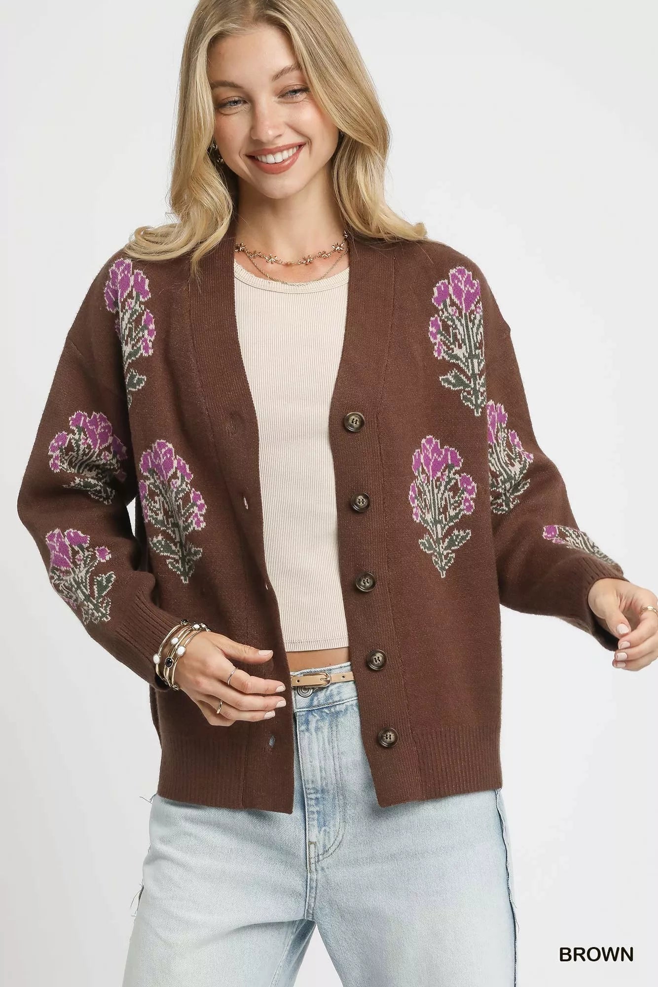 Umgee Single Flower Stem Jacquard Cardigan Sweater - Sleekdenim.com