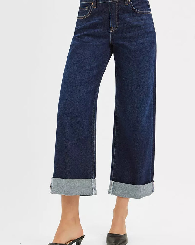 RISEN Mid Rise Fit Ankle Wide Roll Up Jeans - Sleekdenim.com