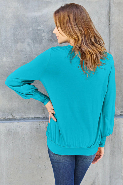 Basic Bae Full Size V-Neck Lantern Sleeve Top Sky Blue