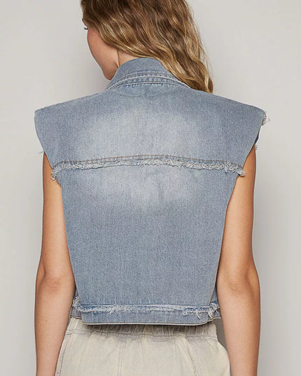 POL Assymetrical Front Closure Raw Hem Denim Vest - Sleekdenim.com