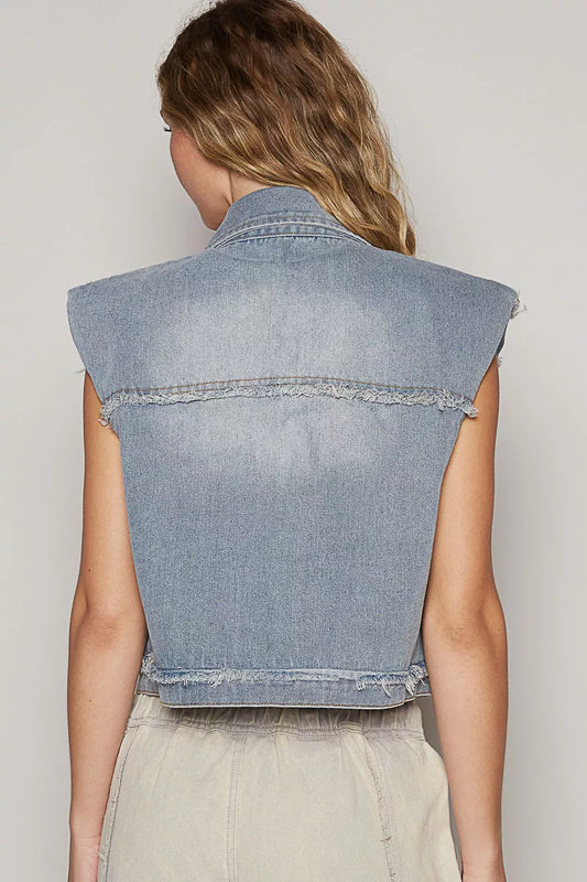 POL Assymetrical Front Closure Raw Hem Denim Vest - Sleekdenim.com