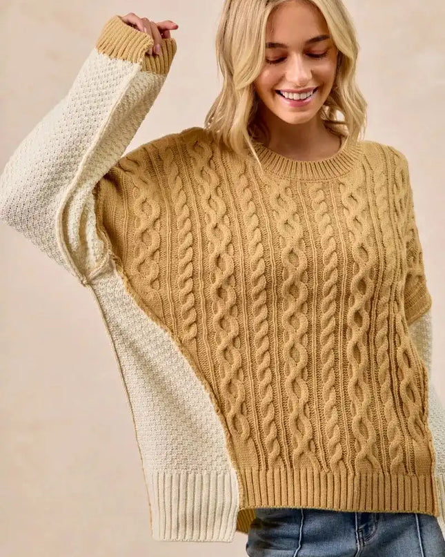 BiBi Cable Knit With Hacci Combo Sweater With Uneven Hem Detail - Sleekdenim.com