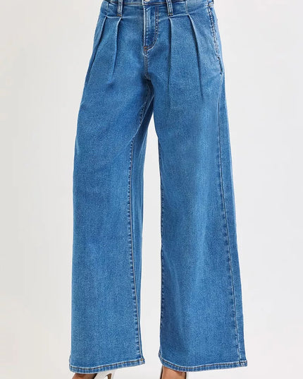 RISEN Full Size Mid Rise Fit Wide Leg with Pleated Detail Jeans Plus Size - Sleekdenim.com