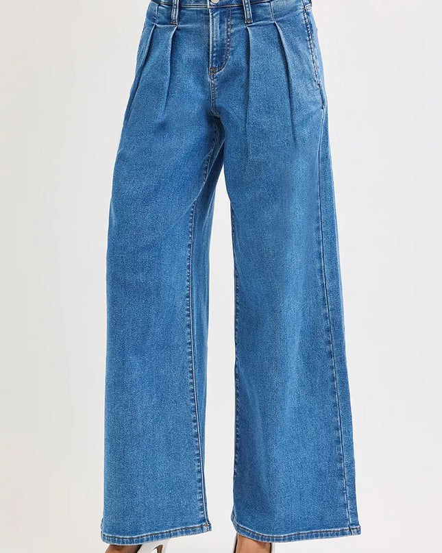 RISEN Full Size Mid Rise Fit Wide Leg with Pleated Detail Jeans Plus Size - Sleekdenim.com