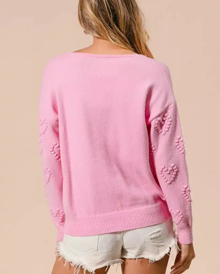 BiBi Valentines Heart Pompom V Neck Knit Top - Sleekdenim.com