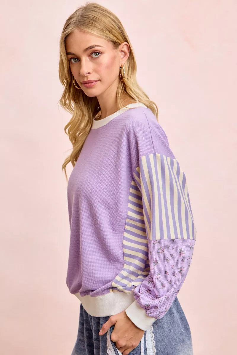 BiBi Mix and Match Sweatshirt with Floral Sleeve Stripes - Sleekdenim.com