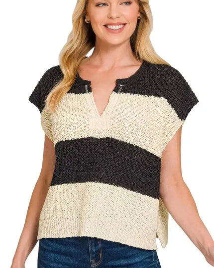 Zenana Split Neck Sleeveless Stripe Sweater - Sleekdenim.com