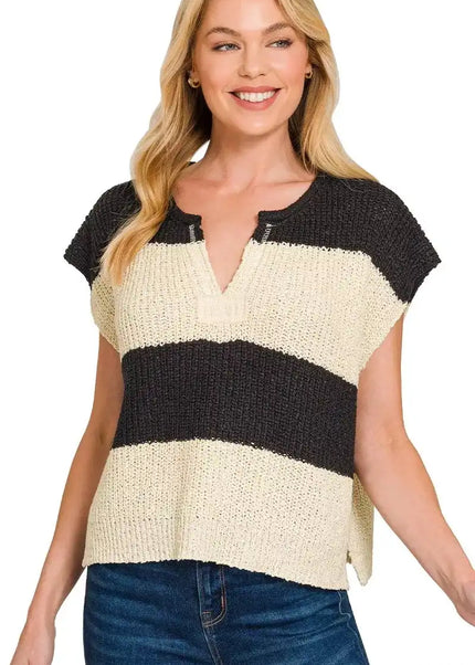 Zenana Split Neck Sleeveless Stripe Sweater - Sleekdenim.com