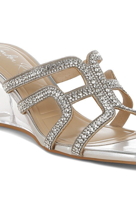 Caqueta Metallic Rhinestone Clear Wedge Sandals - Sleekdenim.com